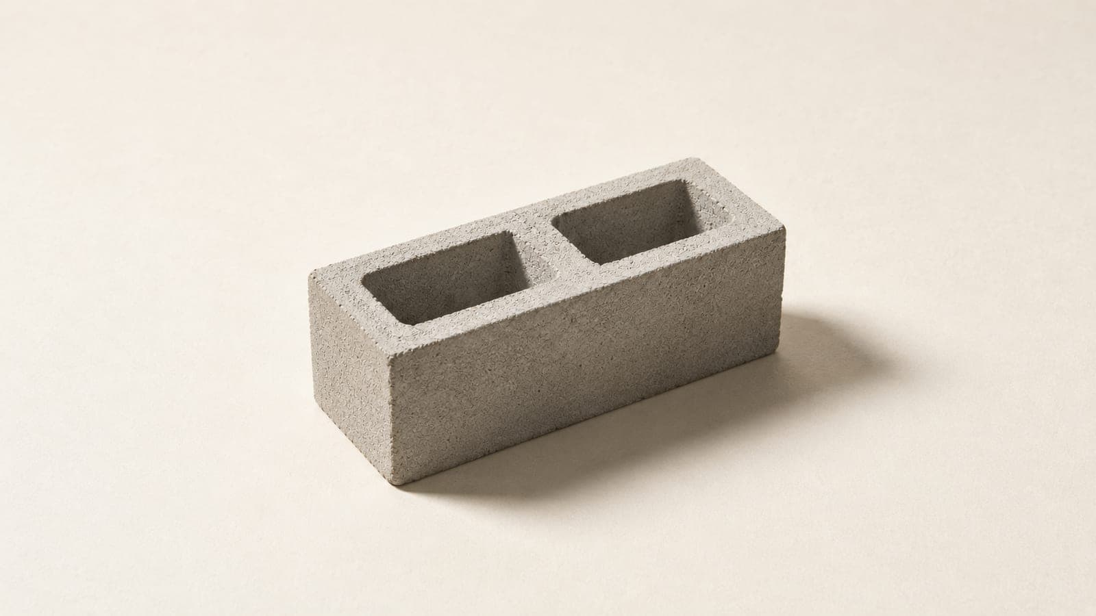 A hollow block, grey concrete, photographed against a plain backdrop