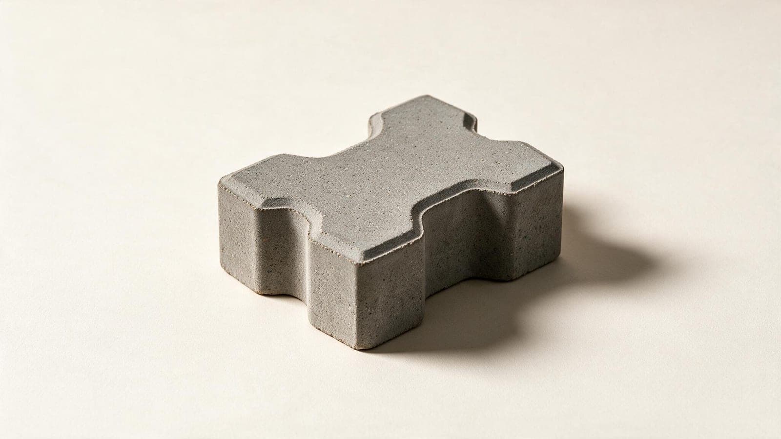 A paving brick, grey concrete, photographed against a plain backdrop