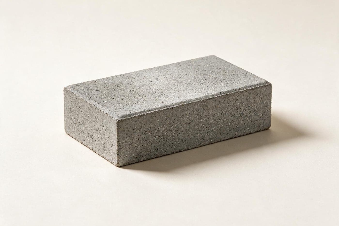 Stock bricks, a grey concrete unit photographed against a plain backdrop